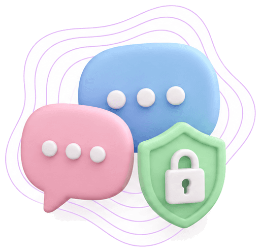 Two speech bubbles beside a padlock shield