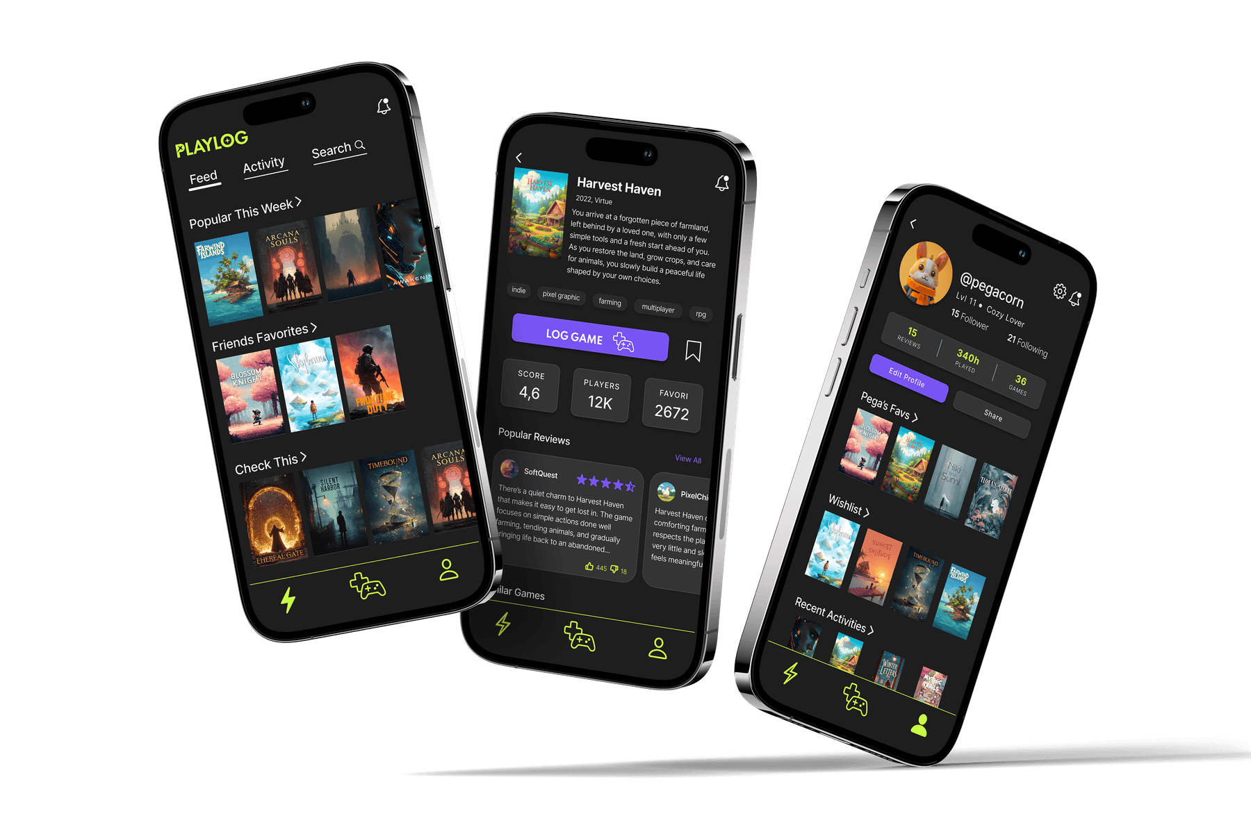 Playlog running on three phones: the activity feed, a game's detail page, and a user profile